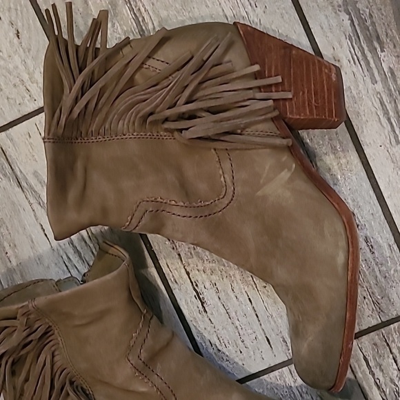 Sam Edelman Louis Louie Taupe Green Suede Leather Fringe Ankle Boots 10 Western - Picture 4 of 14